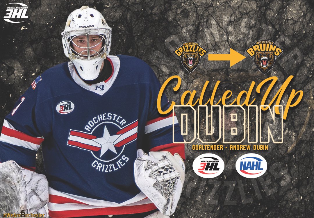RochesterGrizz's tweet photo. 🚨CALL UP ALERT🚨

Andrew Dubin has been called up to the Austin Bruins of the NAHL. 

In his time with the Grizzlies, Dubin posted a 3-1 Record, with an .890 sv%.

Best of Luck in Austin, Dubes!

24-25’ Grizzlies Call Up Counter: 1

#LadderOfDevelopment #GrizzCountry https://t.co/ypkSr8Xbnr