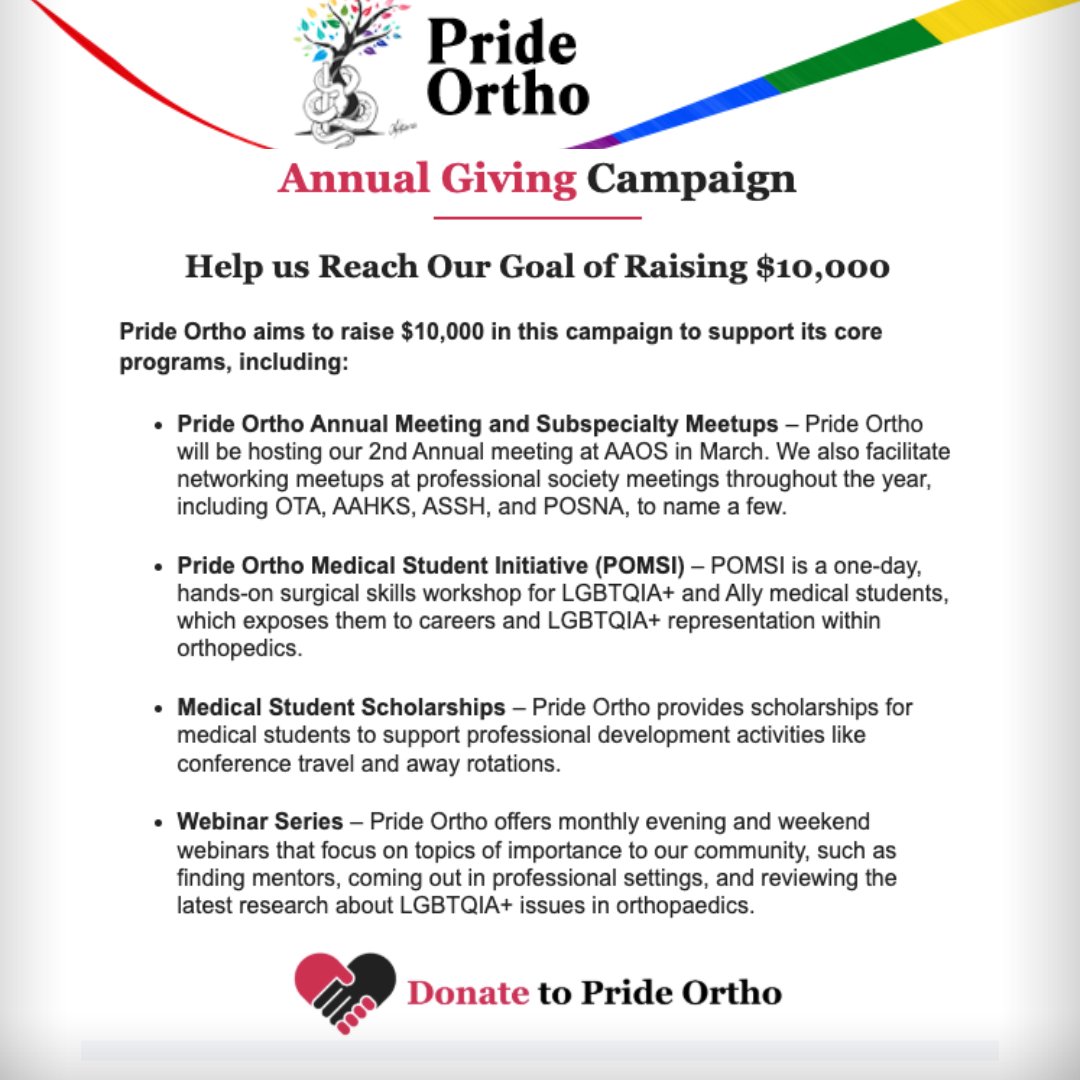 🏳️‍🌈 To support our ever-expanding mission and commitment to the LGBTQIA+ and Ally community within orthopedics, Pride Ortho will be launching our first Annual Giving Campaign!  🏳️‍🌈

Donate here: prideortho.org/donate

Thank you for your support!