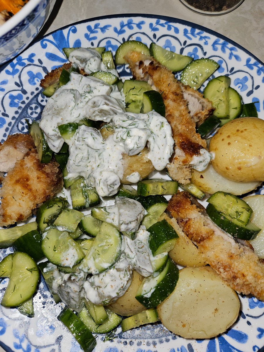 Pastriarchyest's tweet photo. Pork Schnitzel, buttery potatoes, dilled cucumber salad w/pickle sour cream. 

Japanese Roasted Chicken &amp; Sweet Potato Salad with sesame dressing. 📦🍽🍸 #MealKits #ChefsPlate https://t.co/mEo6KPpHIx