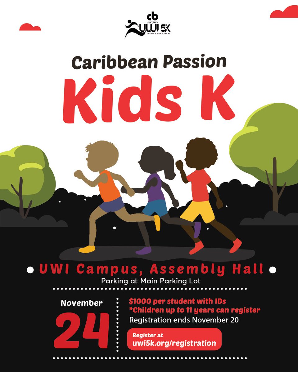 UWI5K's tweet photo. On November 24, we will be running for dreams...will you? 

The CB Group UWI 5K &amp; Caribbean Passion Kids K will be on Sunday November 24, 2024🙌🏽

For every 300 SIGN UPS, we’ll award 1 UWI STUDENT with a scholarship‼️

Participate and support a worthy cause! 
⁣
#WeRunForDreams https://t.co/t44zoQyQr2