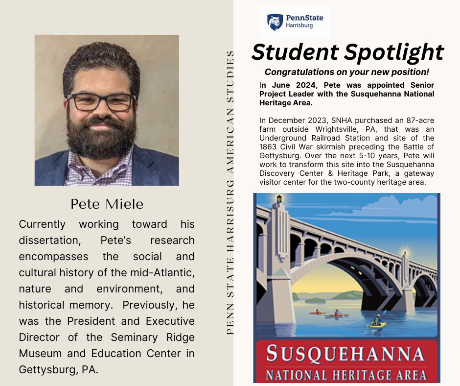 psuAMSTD's tweet photo. Today, we offer congratulations to PhD candidate Peter Miele on his new position as Senior Project Leader with the Susquehanna National Heritage Area! https://t.co/JIjvYBb9Ve