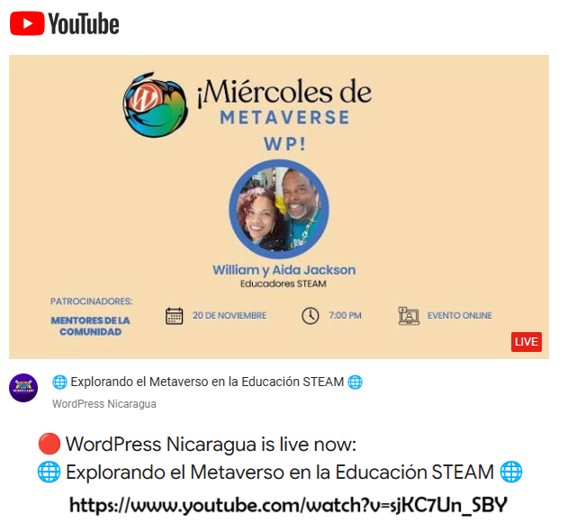 metamyquest's tweet photo. WordPress Nicaragua Meetup November 2024 
Interviewing William and Aida Jackson 
MetaverseWP and LoveBuilt Life 
#wplatam #latam #MetaverseWP #Metaverse 
Explorando el Metaverso en la Educación STEAM
https://t.co/vo9GYMcvaj https://t.co/MBIbzywV3j