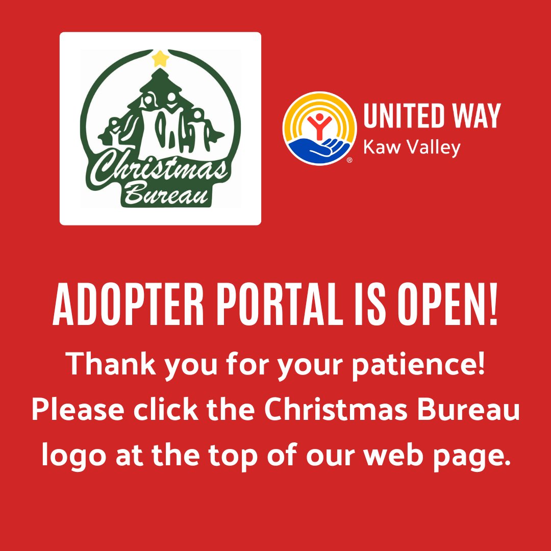 Our new Christmas Bureau adopter portal is now OPEN! Click on the Christmas Bureau logo at the top of our website or go to uwkawvalley.org/christmasburea… to get started. Please take a moment before starting your adoption process to read the updated FAQs and review the cost table.
