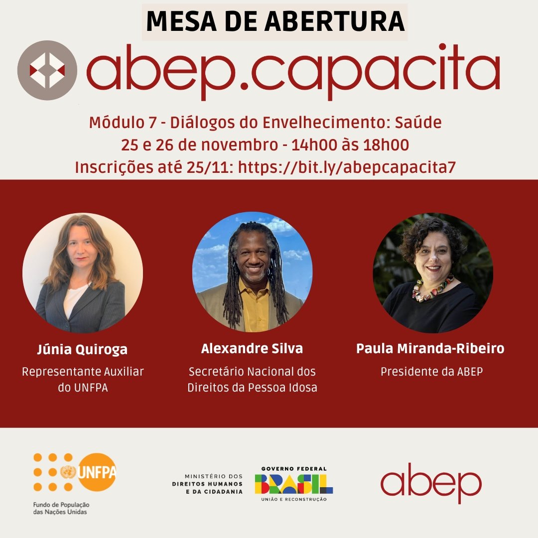 abep1976's tweet image. Diálogos do Envelhecimento: Saúde, uma parceria entre o Fundo de População das Nações Unidas (UNFPA), a Secretaria Nacional dos Direitos da Pessoa Idosa (SNDPI), a Associação Brasileira de Estudos Populacionais (ABEP), e especialistas no tema.