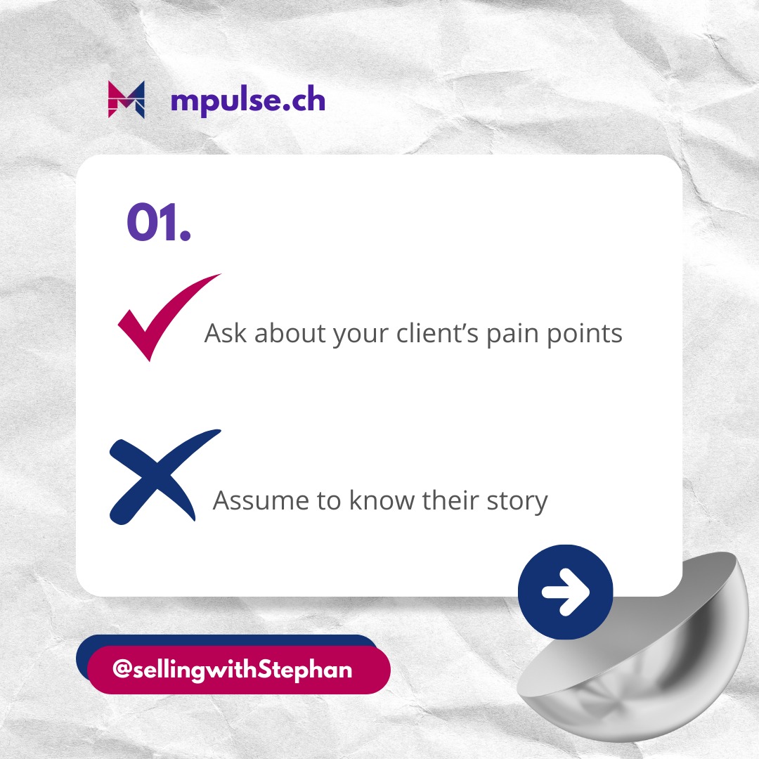 StephanMpulse's tweet photo. Perfecting client sales conversations takes time- and constant work.​

Here are four tips that I find always help me:​

✅ Identify your client's pain points- ​
This is a really important step. You want to ask questions that help you determine what problem the client is actually looking to solve​
​
✅ Lead client conversations with questions, not statements-​
You are the leader of every sales call, not the client. Asking questions instead of assuming your client's beliefs will help you uncover the problem areas.​

✅ Invest time into getting to know your client's story-​
Nothing is as important as building a good relationship with your client. Spend some time getting to know them and their journey. ​

✅ Reflect on your sales calls-​
What went well? What didn't? How did the client react when you pitched to them? These are questions you get the answer to when you reflect on your calls. ​

😁 Like my content? Follow @sellingwithstephan for more sales advice! ​

✍️ Comment below your tips for the perfect client conversation! ​

#sellingwithstephan #salescoach #salesmotivation #salesadvice #salestips #salesperson #salescalls