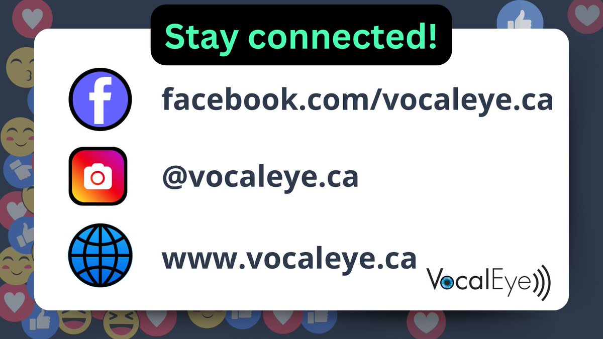 As we transition away from Twitter, let’s stay connected! 

Follow VocalEye on:
Facebook: facebook.com/vocaleye
Instagram: instagram.com/vocaleye.ca/  
Website: vocaleye.ca

Join us for accessible arts, culture &amp; community!
#VocalEye #AudioDescription #AccessArt