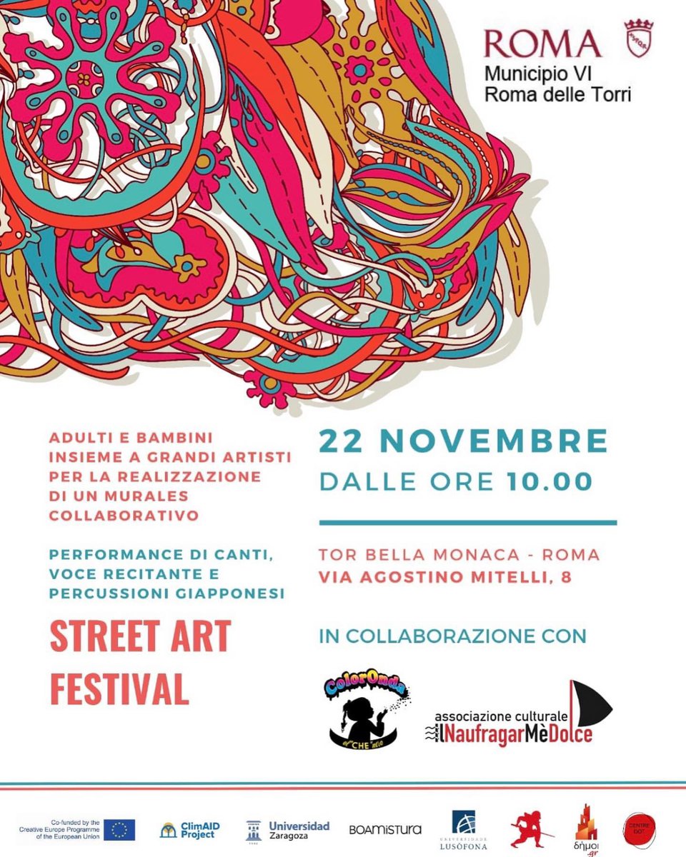 🎨 Street Art Festival, by <a href="/GAR_Roma/">Gruppo Archeologico</a>.
📅 22 November. 10h Roma 

#climaidproyect, cofunded by <a href="/EUCreativa_ES/">Europa Creativa ES</a> 

<a href="/ViticoSanagus/">Victoria Sanagustín</a> <a href="/unizar/">Universidad Zaragoza</a> <a href="/FEGPHuesca/">Facultad de Empresa y Gestión Pública UNIZAR</a>
