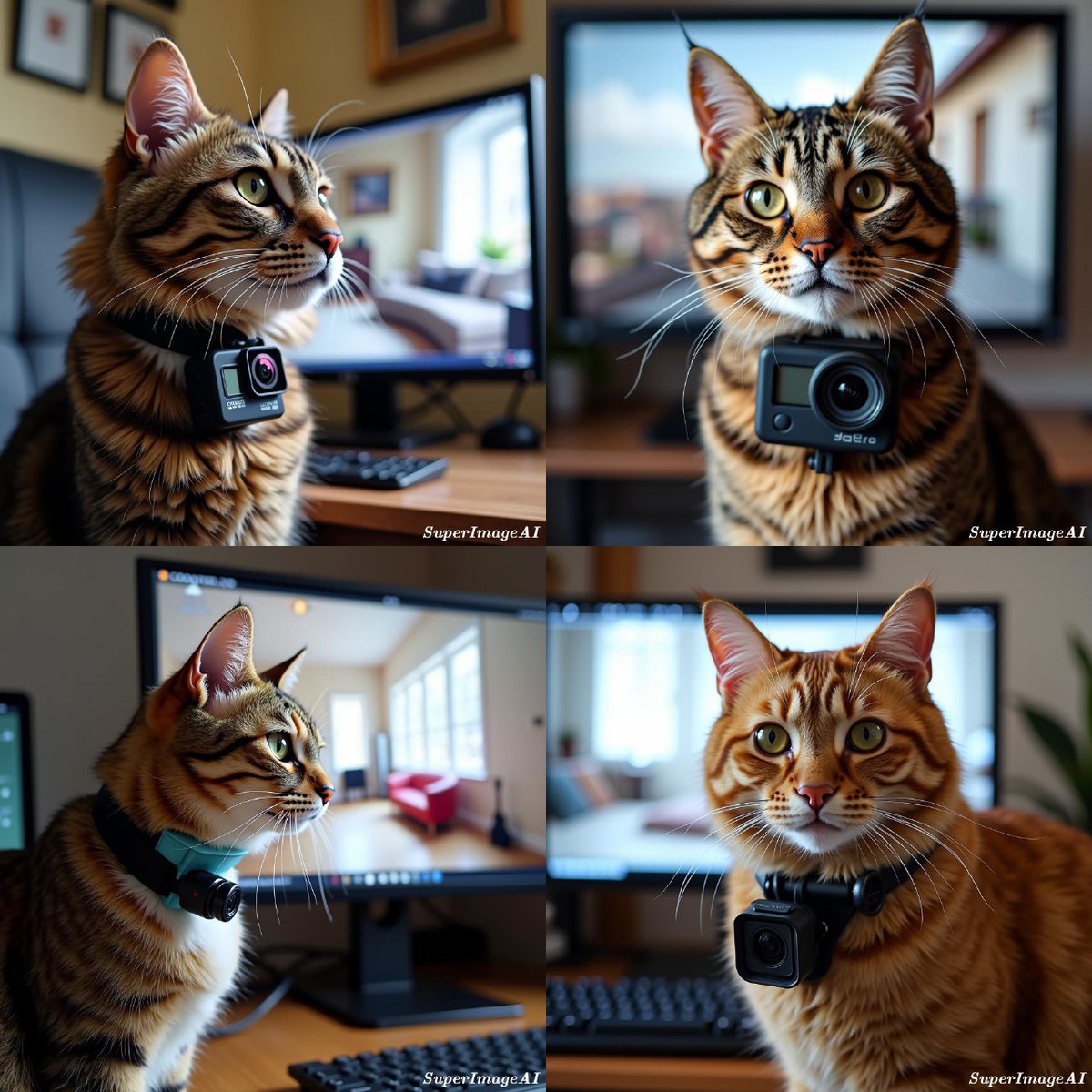 AISuperImage's tweet image. /photo of a cat with a gopro camera around his neck in front of a computer monitor showing a room