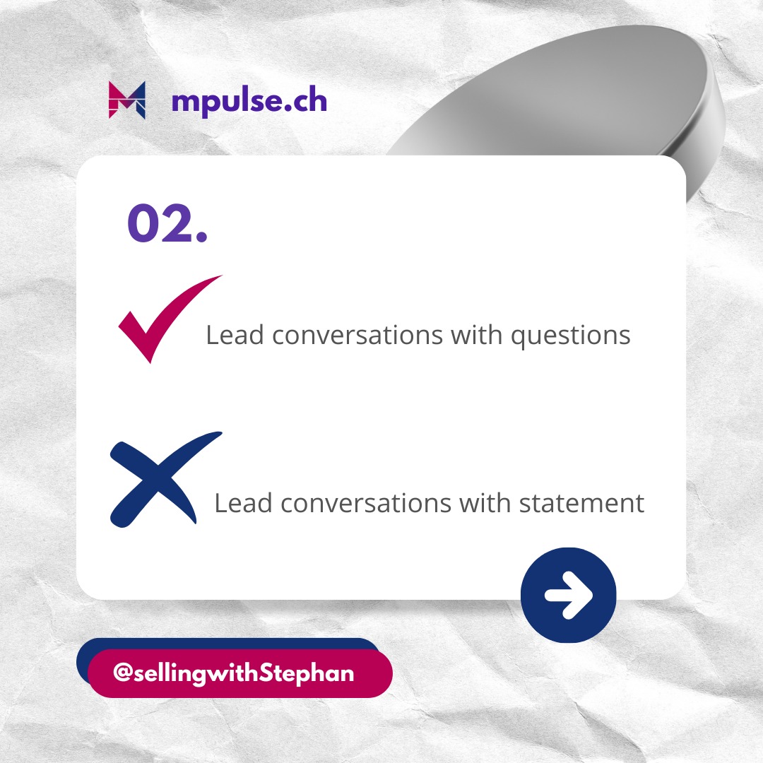 StephanMpulse's tweet photo. Perfecting client sales conversations takes time- and constant work.​

Here are four tips that I find always help me:​

✅ Identify your client's pain points- ​
This is a really important step. You want to ask questions that help you determine what problem the client is actually looking to solve​
​
✅ Lead client conversations with questions, not statements-​
You are the leader of every sales call, not the client. Asking questions instead of assuming your client's beliefs will help you uncover the problem areas.​

✅ Invest time into getting to know your client's story-​
Nothing is as important as building a good relationship with your client. Spend some time getting to know them and their journey. ​

✅ Reflect on your sales calls-​
What went well? What didn't? How did the client react when you pitched to them? These are questions you get the answer to when you reflect on your calls. ​

😁 Like my content? Follow @sellingwithstephan for more sales advice! ​

✍️ Comment below your tips for the perfect client conversation! ​

#sellingwithstephan #salescoach #salesmotivation #salesadvice #salestips #salesperson #salescalls