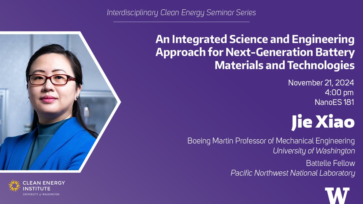 Clean Energy Institute (@uw_cei) on Twitter photo Today's CEI seminar will be presented by <a href="/jiexiao11/">Jie Xiao</a>, Boeing Martin Professor <a href="/ME_at_UW/">Mechanical Engineering at UW</a> and <a href="/PNNLab/">Pacific Northwest National Laboratory</a> <a href="/Battelle/">Battelle</a> Fellow, who will discuss her work on next-gen batteries! Seminar at 4 in NanoES 181 — student career + coffee at 10:30 in MolES 215 🔋🐾 <a href="/uwengineering/">UW Engineering</a> <a href="/UWArtSci/">UW College of Arts & Sciences</a> Today's CEI seminar will be presented by <a href="/jiexiao11/">Jie Xiao</a>, Boeing Martin Professor <a href="/ME_at_UW/">Mechanical Engineering at UW</a> and <a href="/PNNLab/">Pacific Northwest National Laboratory</a> <a href="/Battelle/">Battelle</a> Fellow, who will discuss her work on next-gen batteries! Seminar at 4 in NanoES 181 — student career + coffee at 10:30 in MolES 215 🔋🐾 <a href="/uwengineering/">UW Engineering</a> <a href="/UWArtSci/">UW College of Arts & Sciences</a>
