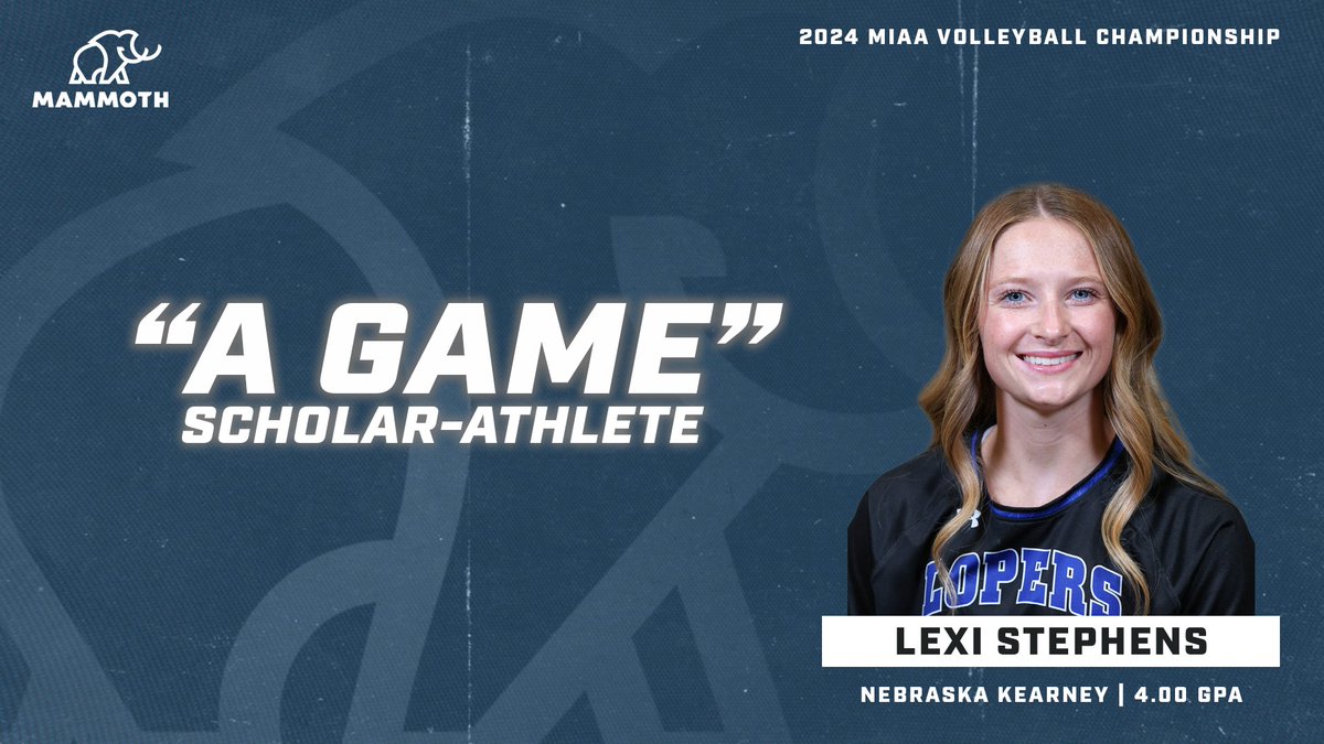 The MIAA (@themiaa) on Twitter photo Congratulations to Nebraska Kearney's Lexi Stephens on being named the <a href="/MammothBuilt/">Mammoth</a> "π πππ¦π" πππ‘π¨π₯ππ«-πππ‘π₯πππ of the 2024 MIAA Volleyball Championship πππ
Lexi will be honored with the "A Game" trophy before <a href="/UNKvolleyball/">UNK Volleyball</a>'s quarterfinal match at 5 p.m. Congratulations to Nebraska Kearney's Lexi Stephens on being named the <a href="/MammothBuilt/">Mammoth</a> "π πππ¦π" πππ‘π¨π₯ππ«-πππ‘π₯πππ of the 2024 MIAA Volleyball Championship πππ
Lexi will be honored with the "A Game" trophy before <a href="/UNKvolleyball/">UNK Volleyball</a>'s quarterfinal match at 5 p.m.