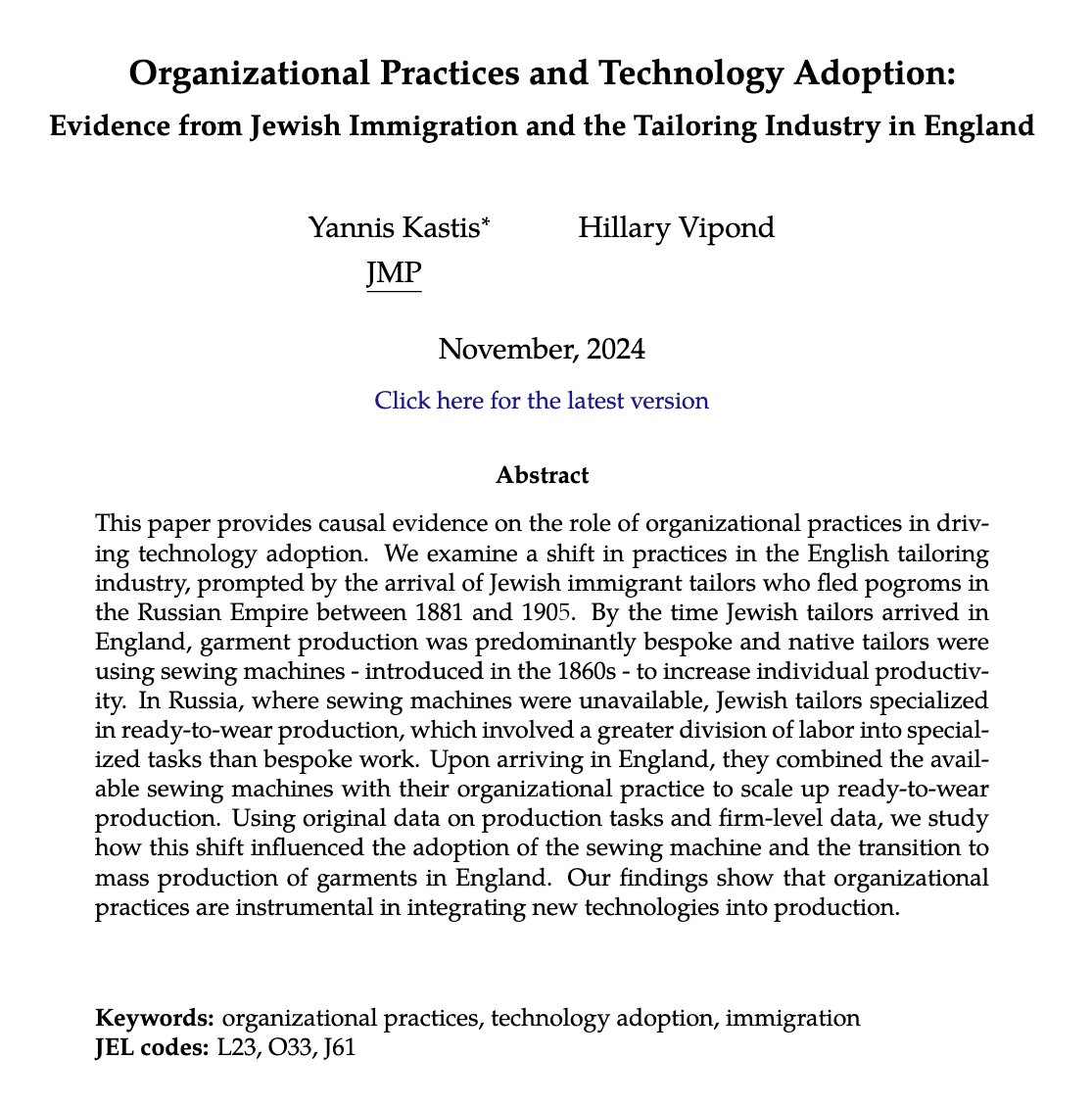 Excited to share my #JMP 🧵

❓How important is organizing production efficiently for the adoption of new technologies?

✅ JMP shows organizational practices are instrumental for the integration of new technologies in production.

#econtwitter #EconJobMarket