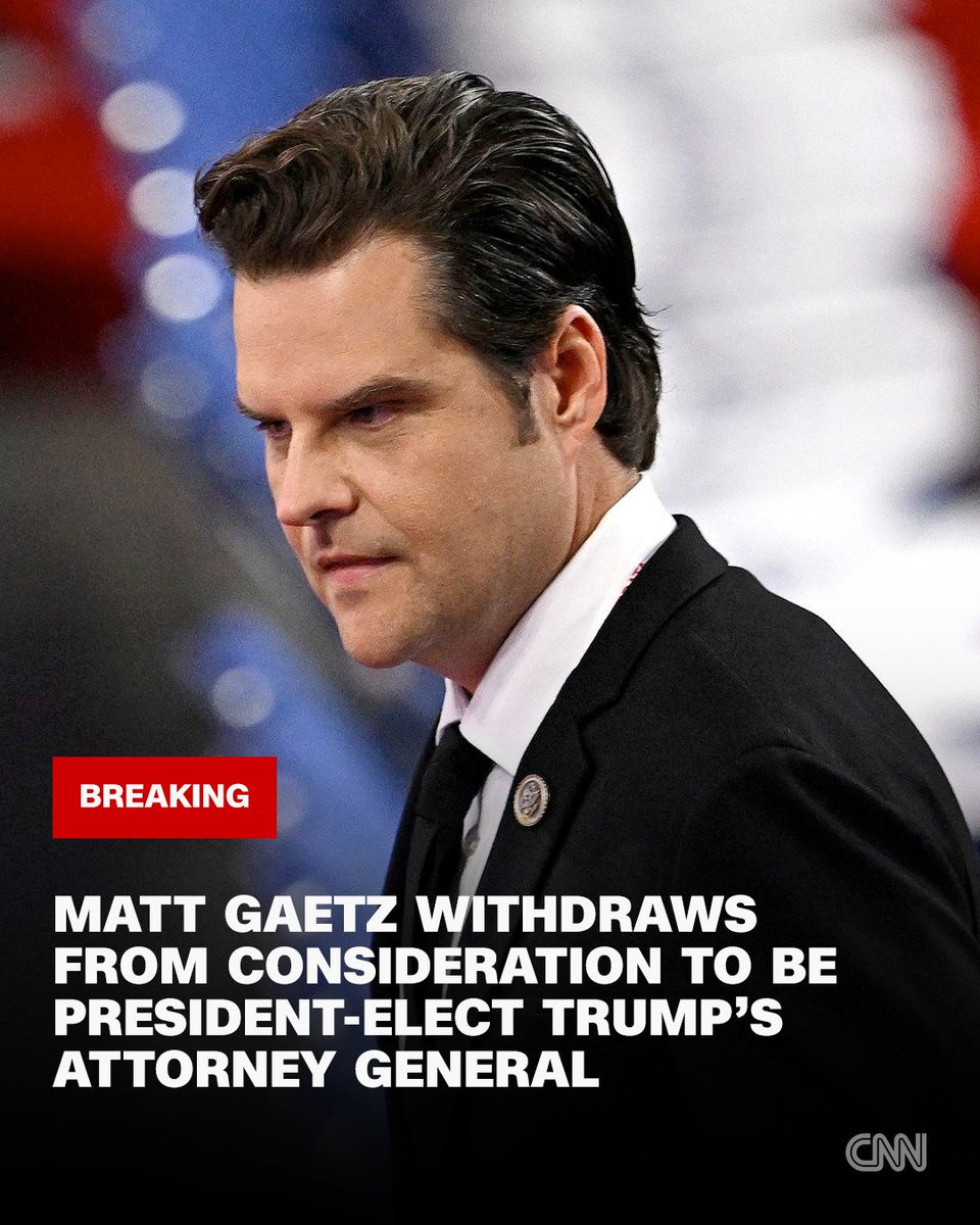 Former GOP Rep. Matt Gaetz is withdrawing from consideration to be President-elect Donald Trump's attorney general cnn.it/3ZgHUP9