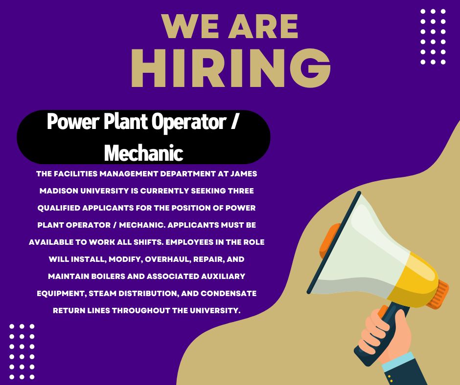 JMUJobs's tweet image. JMU is currently accepting applications for a Power Plant Operator / Mechanic! Apply now for this opportunity: jobs.jmu.edu/.../power-plan…...
#JMU #Jobs #JMUJobs #NowHiring #JamesMadisonUniversity #facilitiesmanagement #PowerPlantJobs