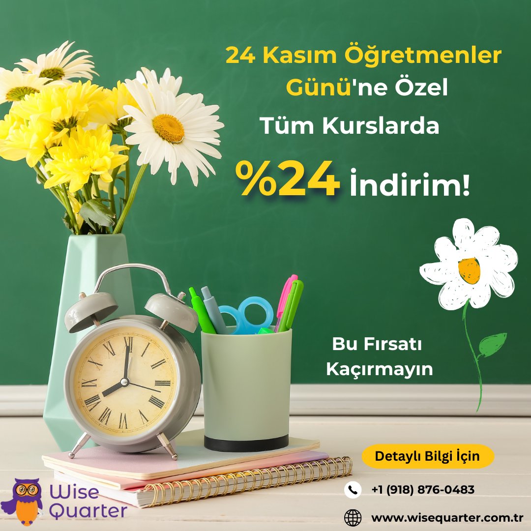 🎉 24 Kasım Öğretmenler Günü'ne Özel Kampanya! 🎉
Tüm Kurslarda %24 İndirim Fırsatı

📢 Detaylı Bilgi ve Başvuru İçin:
📞 +1 (918) 876-0483
🌐 wisequarter.com.tr

⏳ Kampanya Sadece Sınırlı Bir Süre Geçerlidir. Şimdi Başvurun!
#qatesting #SONDAKİKA #24kasim #öğretmenlergünü