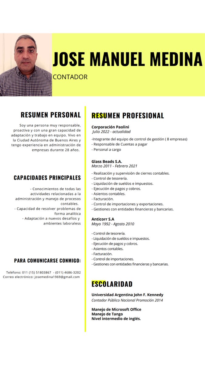 IaruMedina's tweet photo. Creo en la red de, justamente, las redes sociales asi que pido compartan.
Mi papa no tiene trabajo y es el sosten economico de mi familia, tiene experiencia hace 28 años en administracion, y su curriculum lo demuestra.
Todo es de gran ayuda y si lo comparten/mandan GRACIAS ❤️ https://t.co/PgQ15Jxbm1