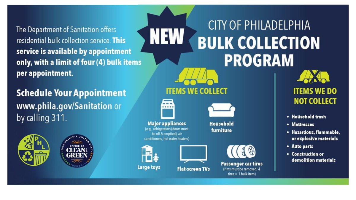 The Sanitation Department is proud to support <a href="/PhillyMayor/">Mayor Cherelle L. Parker</a>’s One Philly, United City Cleaning Initiative with the NEW Residential Bulk Collection Program! ️Safely dispose of large items like refrigerators,   not picked up with regular trash. Learn more: ow.ly/Tue350Ttzej