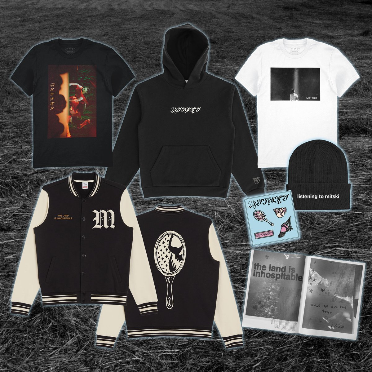 All new holiday merch is online now in the Mitski store, including a 104-page tour zine, limited letterman jacket, plus discounted 2024 tour collection items at merch.mitski.com