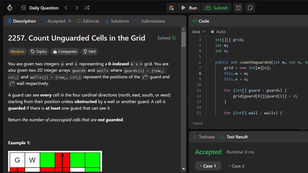 bugbounty02's tweet image. 💻 Day 53 of #100DaysOfCode 💻
✅ LeetCode:
"Count Unguarded Cells in the Grid" (Medium) – Challenging but navigated with a bit of research! 🔍
✅ 30-Day JS Challenge:
"Memoize" (Medium)
Learning every day, one step closer to mastery!🌟
#LeetCode #JavaScript30 #CodingJourney #DSA
