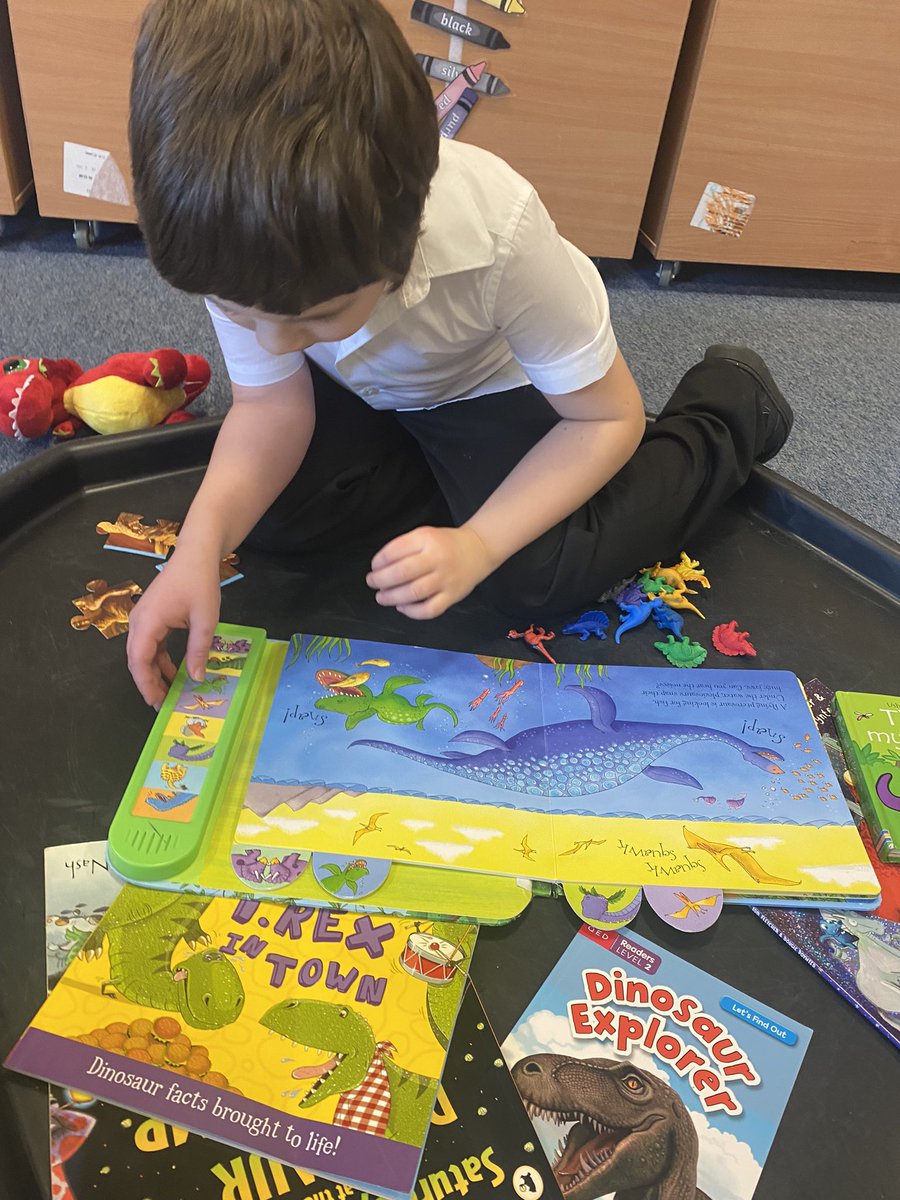 MissCarswell10's tweet photo. Room 1 explored lots of books for our reading afternoon with parents this afternoon. We enjoyed our dinosaur themed story tray and explored lots of other books too! 📖 @HareleeshillPS @HareReads #itsSLC https://t.co/hsNprIuvNc