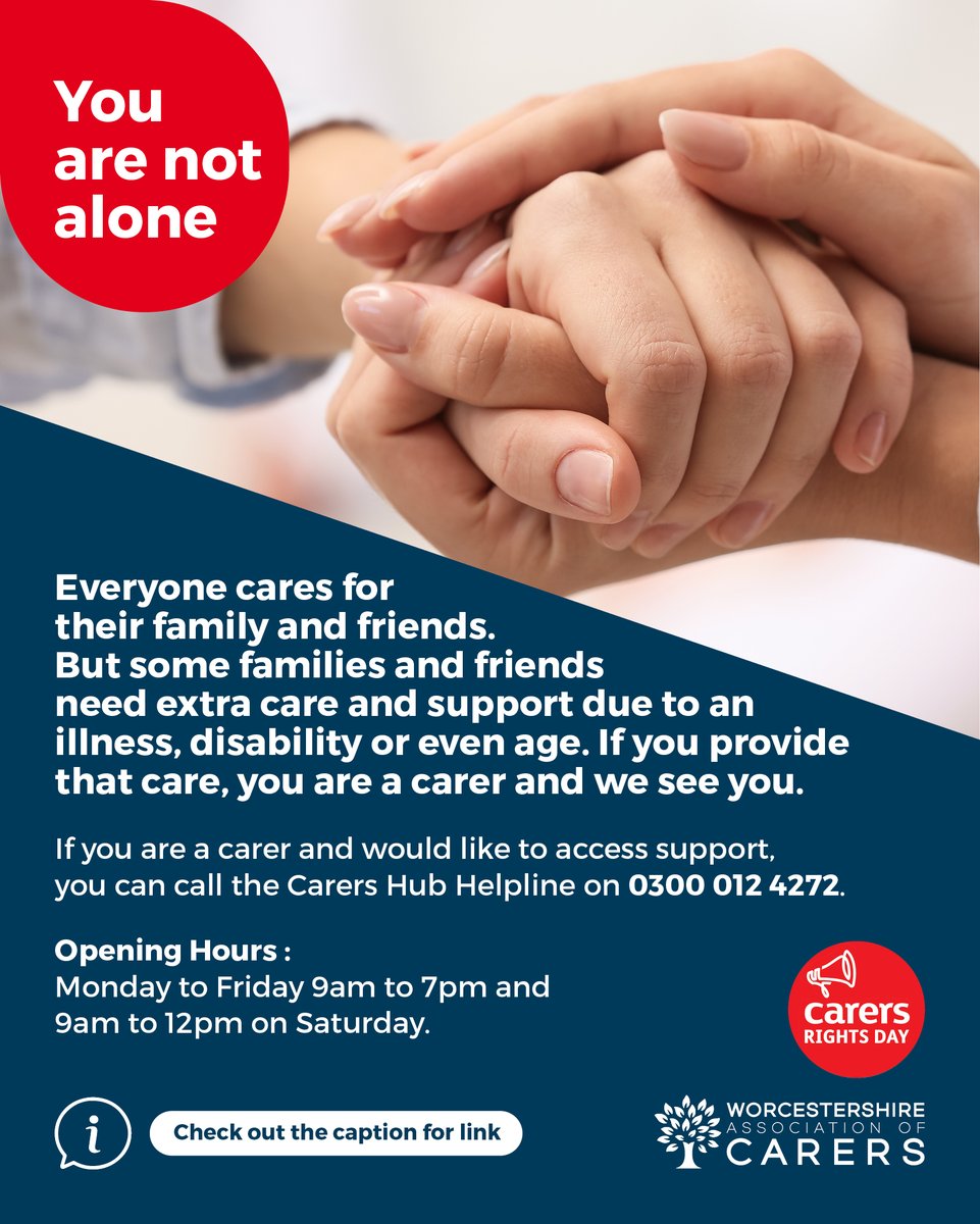 CarerCommunties's tweet photo. You can also email us mail@carersworcs.org.uk or visit https://t.co/KhzDSw6G6t where you will find info &amp; guidance for you in your caring role. 
@CarersCareline @worcscc @CarersTrust @WorcsWPCC @HWHCT_NHS @WACSocialPres
@OfficialYSS @CarersUK #unpaidcarers #supportcarers https://t.co/HHwemcZ8vE