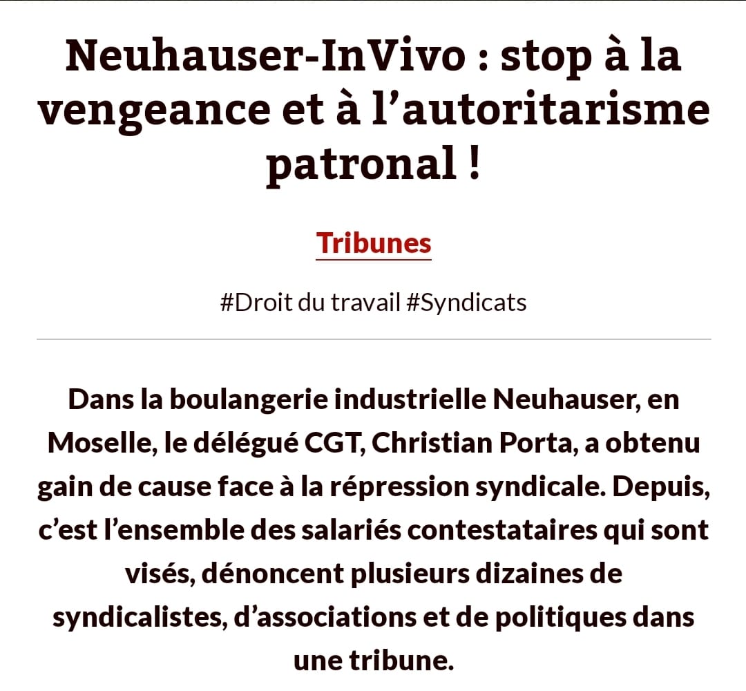 CgtInvivo's tweet photo. Une tribune qui dénonce la vengeance patronale en cours à Neuhauser, où la direction tente de terroriser les salariés en multipliant les licenciements. On ne va rien lâcher face à cette offensive ! Merci aux plus de 200 signataires et à @Politis_fr.

➡️ https://t.co/r3JS2lWUXJ https://t.co/jbFEdbGutP