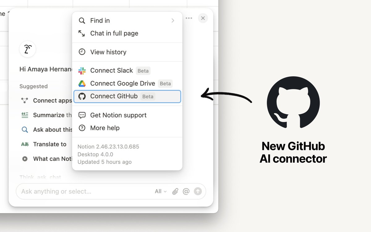 As promised, Notion AI now connects to your @Github! 

Now you can ask questions about anything stored in your repositories—documentation in code files, recent pull requests, and more—and get answers directly within Notion.