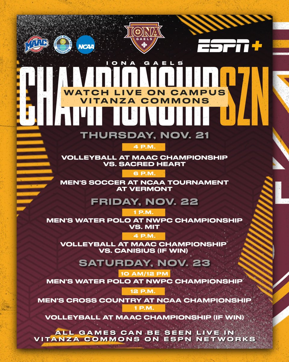 𝙄𝙏’𝙎 𝘼 𝙒𝘼𝙏𝘾𝙃 𝙋𝘼𝙍𝙏𝙔!!

Come to Vitanza Commons Thursday-Saturday and watch the Gaels compete in post-season play!!

Stay tuned for information on Sunday viewing…

#GaelNation