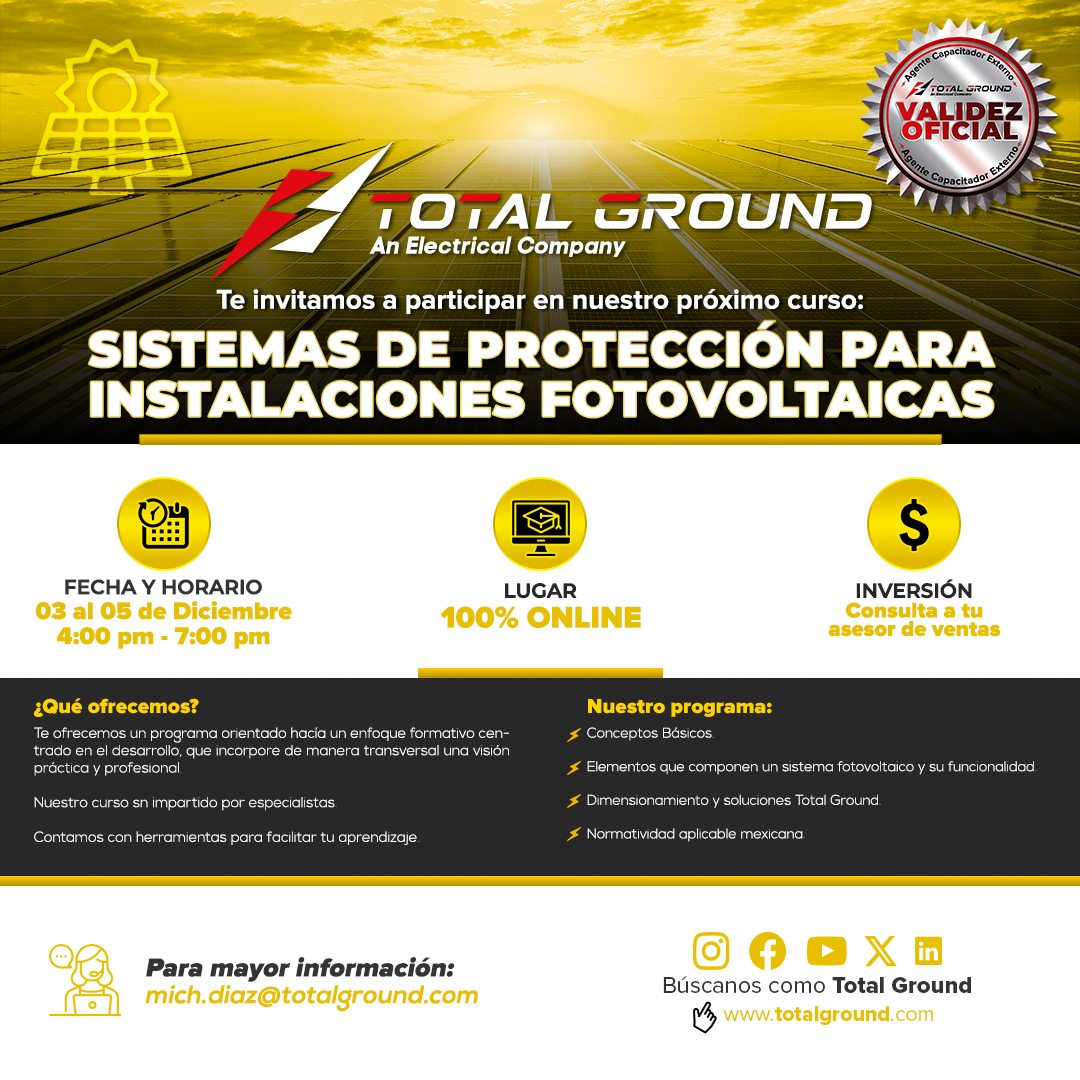 ⚡NO TE PIERDAS NUESTRO PRÓXIMO CURSO DE SISTEMAS DE PROTECCIÓN PARA INSTALACIONES FOTOVOLTAICAS👷
👨🏻‍💻 Online
📅 03 al 05 de diciembre de 2024
🕚 4:00 pm a 7:00 pm CST 🇲🇽
⚡ Contáctanos:  📲Whatsapp: wa.me/message/MYOXVC…
#PanelesSolares #SistemaDePuestaATierra