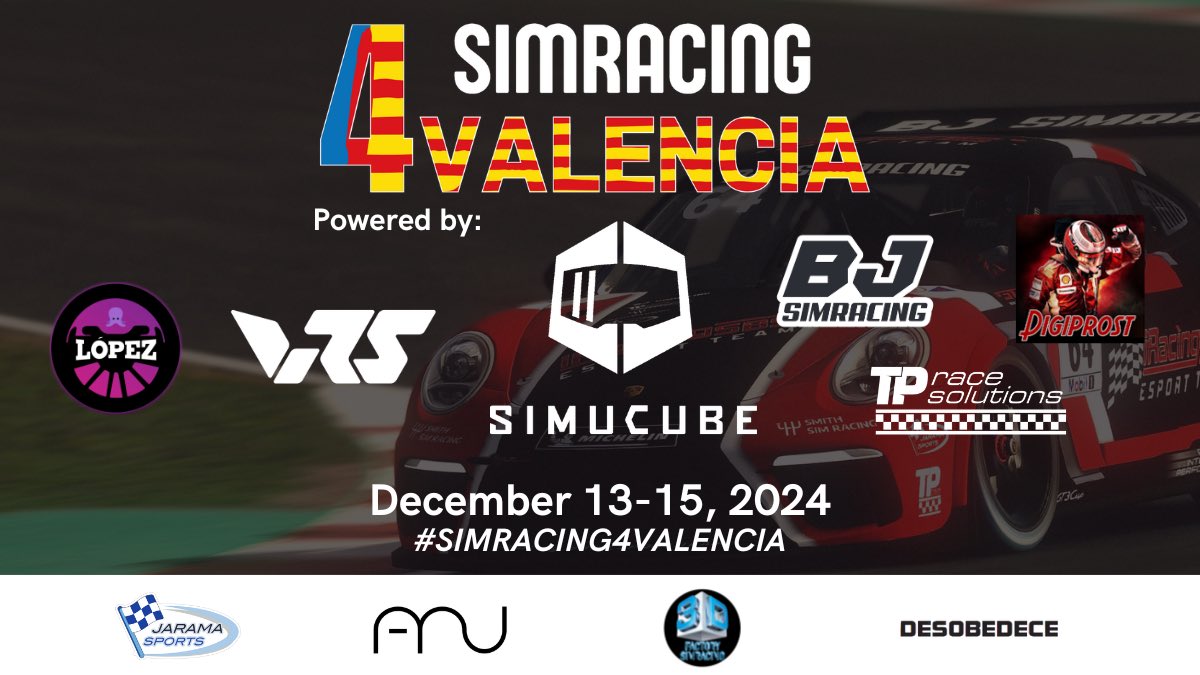 🔥SIMRACING 4 VALENCIA🔥

Únete a este evento solidario y ayuda a los niños afectados por la DANA a recuperar la ilusión y disfrutar unas Navidades llenas de esperanza 💙❤️‍🩹💛

¡Muchas gracias a los patrocinadores! 
Su apoyo hace esto posible ❤️

info 👉 forms.gle/vqq8HzqXGgQ28G…