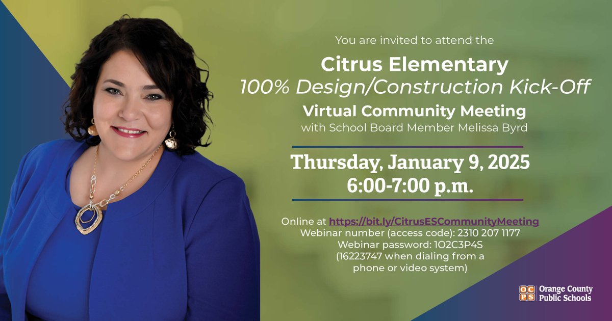 ocpsnews (@ocpsnews) on Twitter photo Join District 7 School Board Member <a href="/ByrdOcps/">Melissa Byrd</a> on Thursday, Jan. 9 for the <a href="/CitrusElem_OCPS/">Citrus Elementary</a> 100% Design/Construction Kick-Off Virtual Community Meeting! bit.ly/CitrusESCommun…
Log in information below! Join District 7 School Board Member <a href="/ByrdOcps/">Melissa Byrd</a> on Thursday, Jan. 9 for the <a href="/CitrusElem_OCPS/">Citrus Elementary</a> 100% Design/Construction Kick-Off Virtual Community Meeting! bit.ly/CitrusESCommun…
Log in information below!