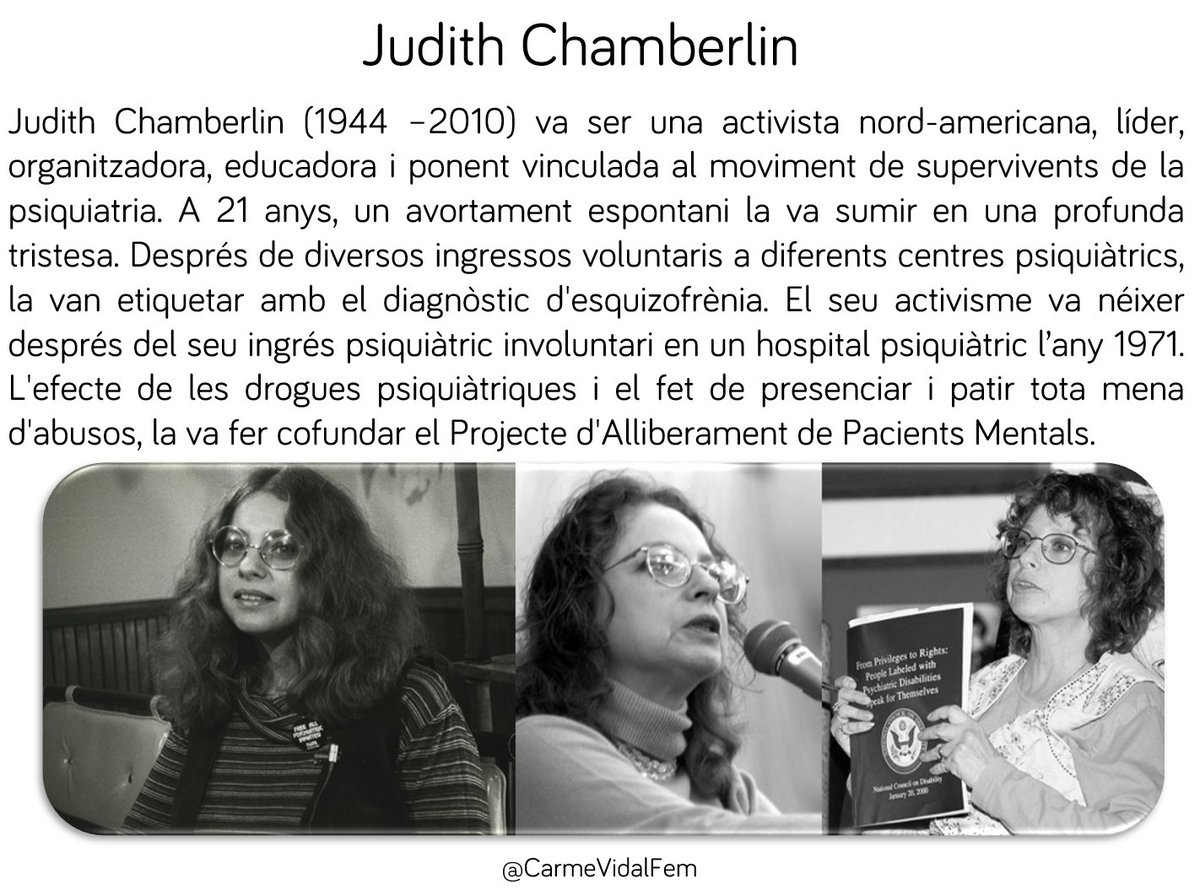 CarmeVidalFem's tweet photo. Judith Chamberlin (1944 –2010), va ser una nord-americana supervivent de la psiquiatria dels anys 70.  #OrgulloLoco #OrgullBoig #MadPride https://t.co/HOwf65hCGQ