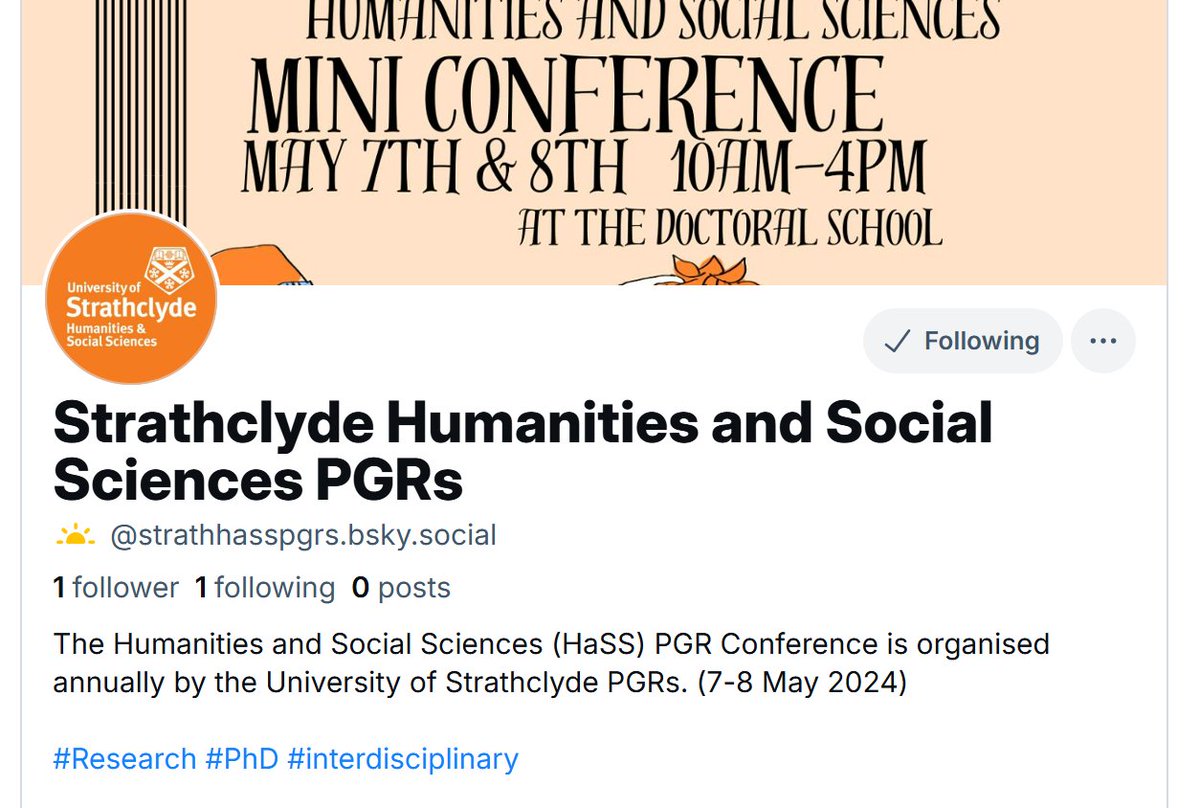 Strathclyde Humanities&SocSci PGRs (@strathhasspgr) on Twitter photo We are joining the #Xodus!
Strathclyde Humanities and Social Sciences PGR is now on #BSKY: bsky.app/profile/strath…
We are looking forward to more discourses, #conferences, #events, and #updates on our <a href="/StrathHaSS/">Strathclyde Humanities & Social Sciences</a> #StrathPGR life in our new space!
<a href="/UniStrathclyde/">University of Strathclyde</a> <a href="/DRGStrath/">Strathclyde Doctoral Researchers Group (StrathDRG)</a> We are joining the #Xodus!
Strathclyde Humanities and Social Sciences PGR is now on #BSKY: bsky.app/profile/strath…
We are looking forward to more discourses, #conferences, #events, and #updates on our <a href="/StrathHaSS/">Strathclyde Humanities & Social Sciences</a> #StrathPGR life in our new space!
<a href="/UniStrathclyde/">University of Strathclyde</a> <a href="/DRGStrath/">Strathclyde Doctoral Researchers Group (StrathDRG)</a>