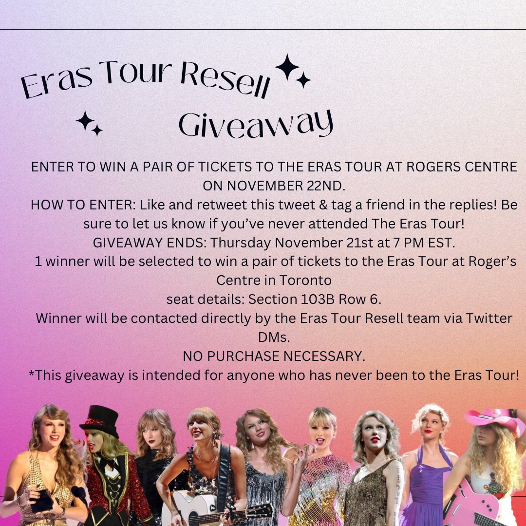 SURPRISE!!!!
We are doing a giveaway for a pair of tickets for the show in Toronto TOMORROW 11/22!
Like, Repost, &amp; a friend &amp; let us know if you’ve never been to The Eras Tour! ✨