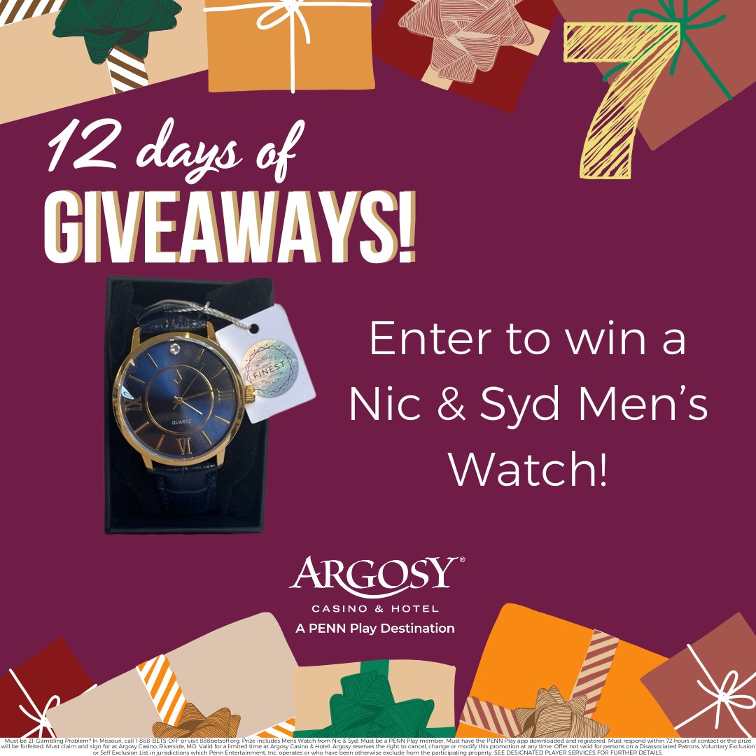 ArgosyKC's tweet photo. 💰 𝐃𝐚𝐲 𝟕 💰 
FOLLOW OUR PAGE, LIKE and REPOST this post for your chance to win a Nic &amp; Syd Men's Watch! 1 winner will be randomly selected and announced TOMORROW at noon. 𝐖𝐢𝐧𝐧𝐞𝐫 𝐦𝐮𝐬𝐭 𝐡𝐚𝐯𝐞 𝐭𝐡𝐞 𝐏𝐄𝐍𝐍 𝐏𝐥𝐚𝐲 𝐚𝐩𝐩, 𝐝𝐨𝐰𝐧𝐥𝐨𝐚𝐝: https://t.co/0EkblLOqQV https://t.co/AEReklp4qu