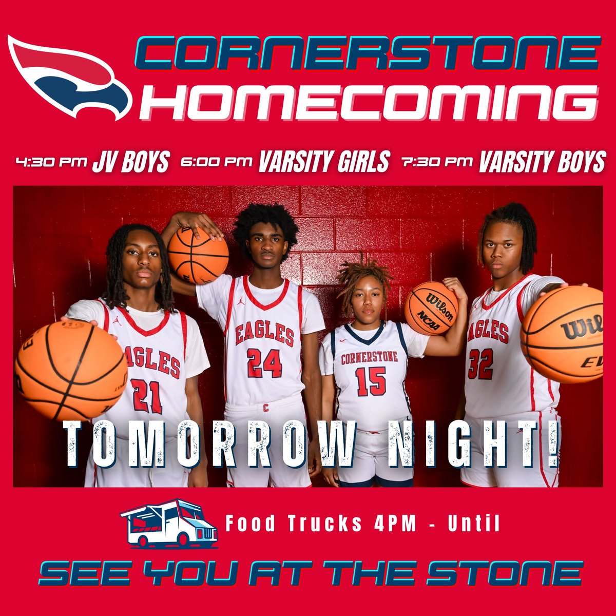 🚨 TOMORROW 🚨

The stage is set. The heat is ON. 🔥 This year's Homecoming basketball games are TOMORROW, Nov 22! 🏀 We need YOU in the stands to cheer on our Eagles! Let’s make this an unforgettable night. 💙💥❤️  #LetsGoEagles #SeeyouattheStone #Homecoming2024