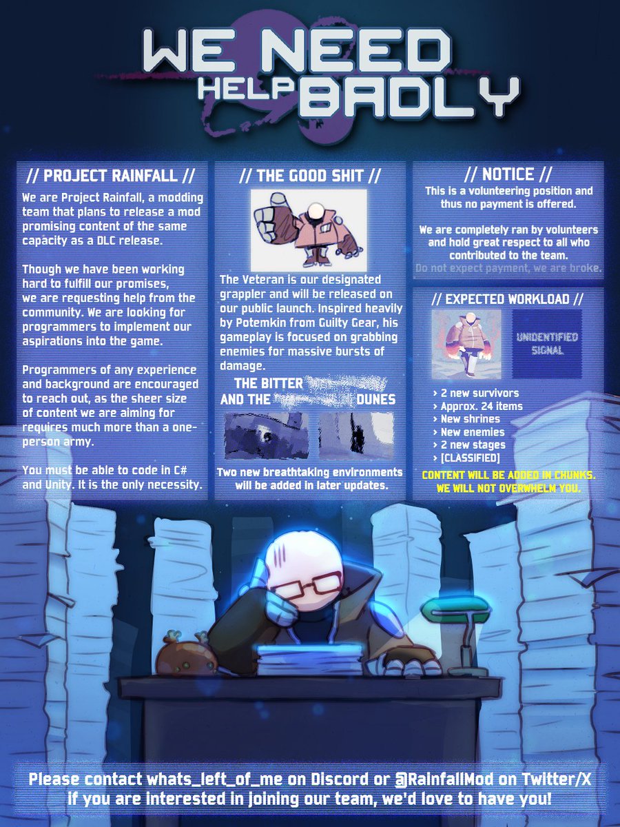 RainfallMod's tweet image. Attention, Rainfallers! We need help haha.
If you're interested in joining our team, Contact Johnny via Discord or us on Twitter!
#riskofrain #projectrainfall