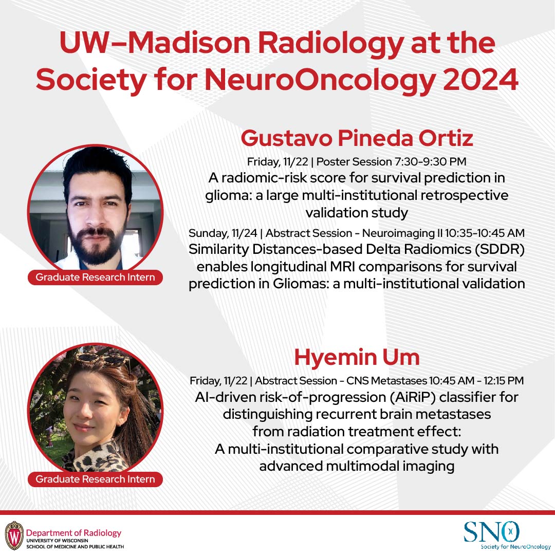 We have two graduate research interns from Pallavi Tiwari, PhD's <a href="/IDiAlab/">Integrated Diagnostics and Analytics (IDiA) Lab</a> leaving the snowy weather in Wisconsin behind and heading to the #SNO2024 conference in Texas! Make sure you stop by their abstract sessions on Friday and Sunday!

<a href="/Pallavi_Tiwari/">Pallavi Tiwari</a> <a href="/uwsmph/">UW School of Medicine and Public Health</a> <a href="/NeuroOnc/">SNO</a>