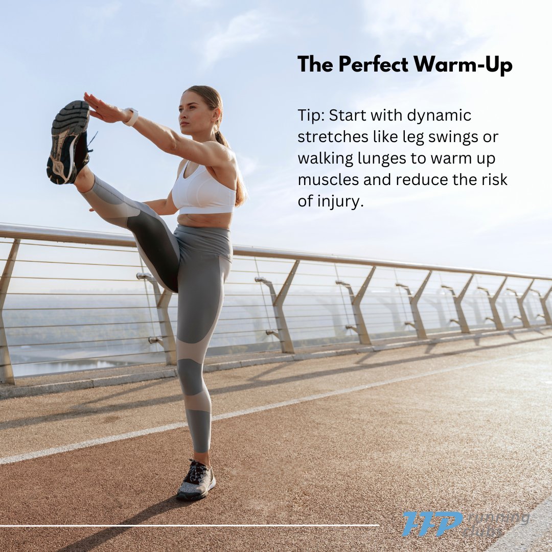 FFPRunningClubs's tweet photo. The Perfect Warm-Up 🏃‍♂️

Tip: Start with dynamic stretches like leg swings or walking lunges to warm up muscles and reduce the risk of injury. #RunSmart #ffprunningclubs https://t.co/j8WCSqgQAJ