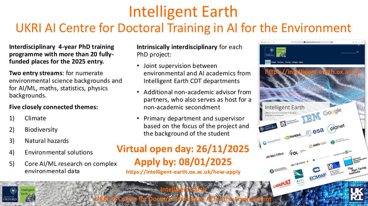 Louise Slater (@drlouiseslater) on Twitter photo Oxford's Centre for Doctoral Training (CDT) in AI for the Environment - Intelligent Earth - is now accepting applications for 2025!
We have over 20 fully-funded #PhD places <a href="/UniofOxford/">University of Oxford</a> <a href="/IntelliEarth/">Intelligent Earth</a>
Our virtual open day is on 26 November, with applications closing on 8 January Oxford's Centre for Doctoral Training (CDT) in AI for the Environment - Intelligent Earth - is now accepting applications for 2025!
We have over 20 fully-funded #PhD places <a href="/UniofOxford/">University of Oxford</a> <a href="/IntelliEarth/">Intelligent Earth</a>
Our virtual open day is on 26 November, with applications closing on 8 January