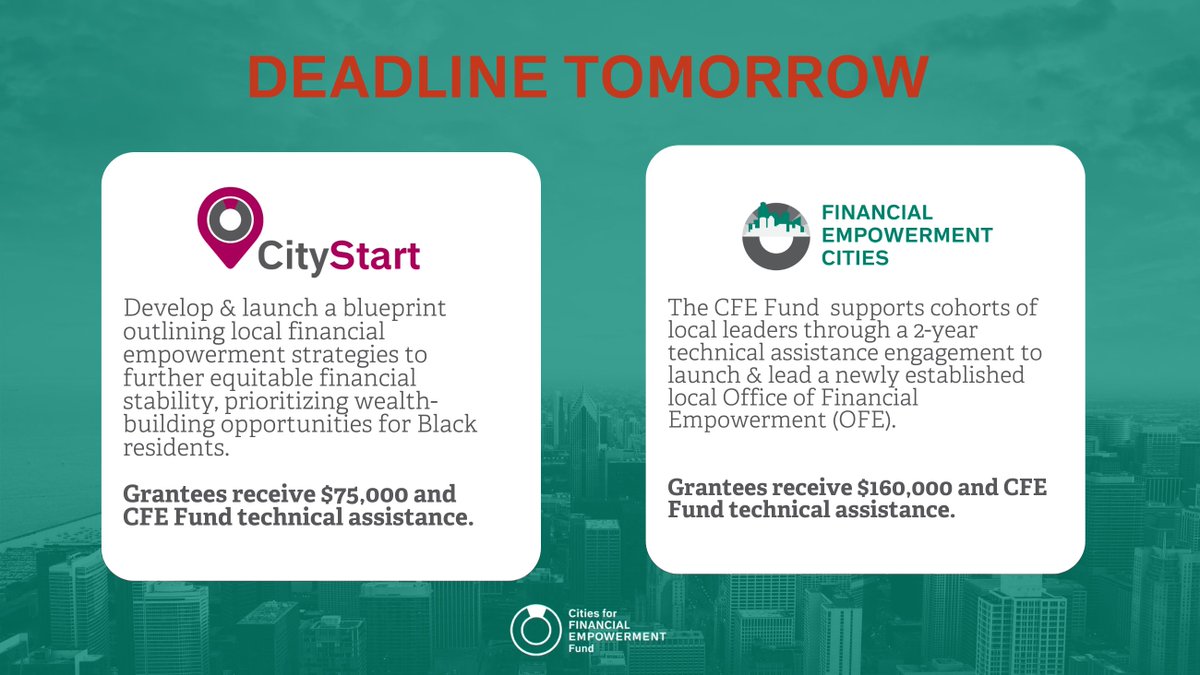 DUE TOMORROW: Apply now for #CityStart &amp; #FinancialEmpowermentCities. Learn more and apply here: bit.ly/3TBIKC4