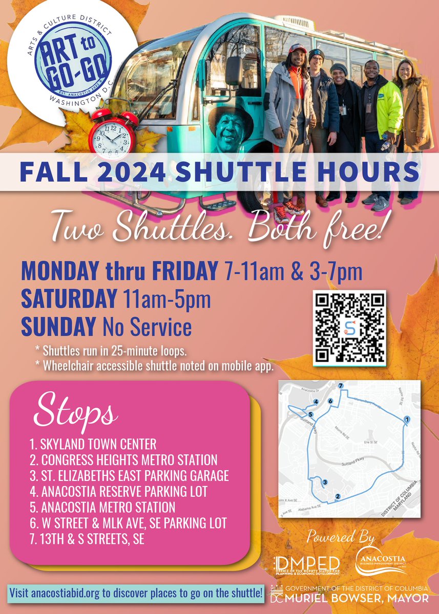 NEW ART TO GO-GO FALL SHUTTLE HOURS! The two shuttles run in 25-minute loops among seven stops. Riding the shuttle is free!  To access the app to track the shuttles, scan the QR code or visit trackmyshuttle.com/arttogogo
