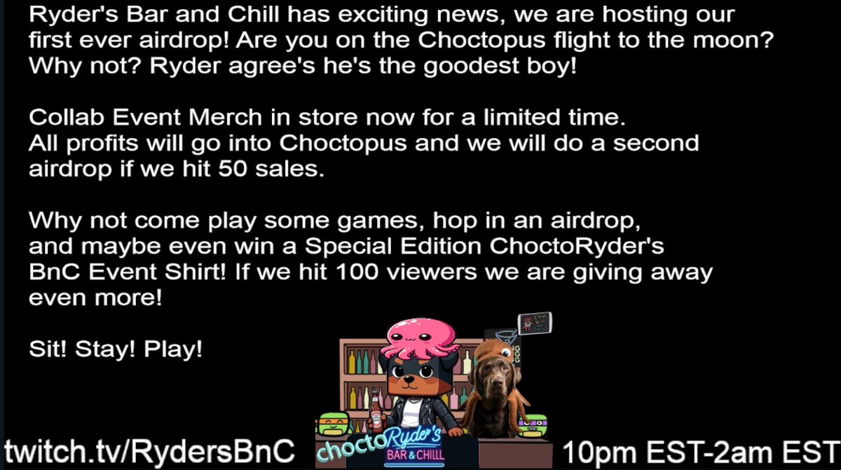 RyderBarNChill's tweet photo. One more day and we are doing this thing! If you are not on the #choctopus rocket ride yet, what are you really even doing right now with you life? He's the goodest boy and growing big!
#choctopus #airdrop #RydersBnc #ToTheMoon #internetbar #memecoin1000x #memecoinsol #SOL #FOMO https://t.co/vJEPu0fAPc