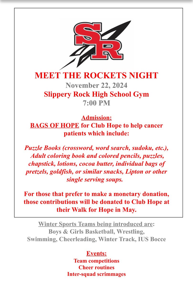 Meet the Rockets!! Friday 11/22-7:00 pm in the Launch Pad! Help us collect items for the Bags of Hope for our local Cancer Patients! <a href="/RocketSchools/">Slippery Rock Area</a> <a href="/SRSD_Library/">Slippery Rock Library</a> <a href="/SRRocketHoops/">Slippery Rock Boys Basketball</a> <a href="/SRHS_GBB/">SRHS Girls Basketball</a> <a href="/srhs_swimming1/">SRHS-Swimming</a> <a href="/SRAHS_TF/">Slippery Rock Track & Field</a> <a href="/SlipperyRockPE/">SRHS wellness</a>