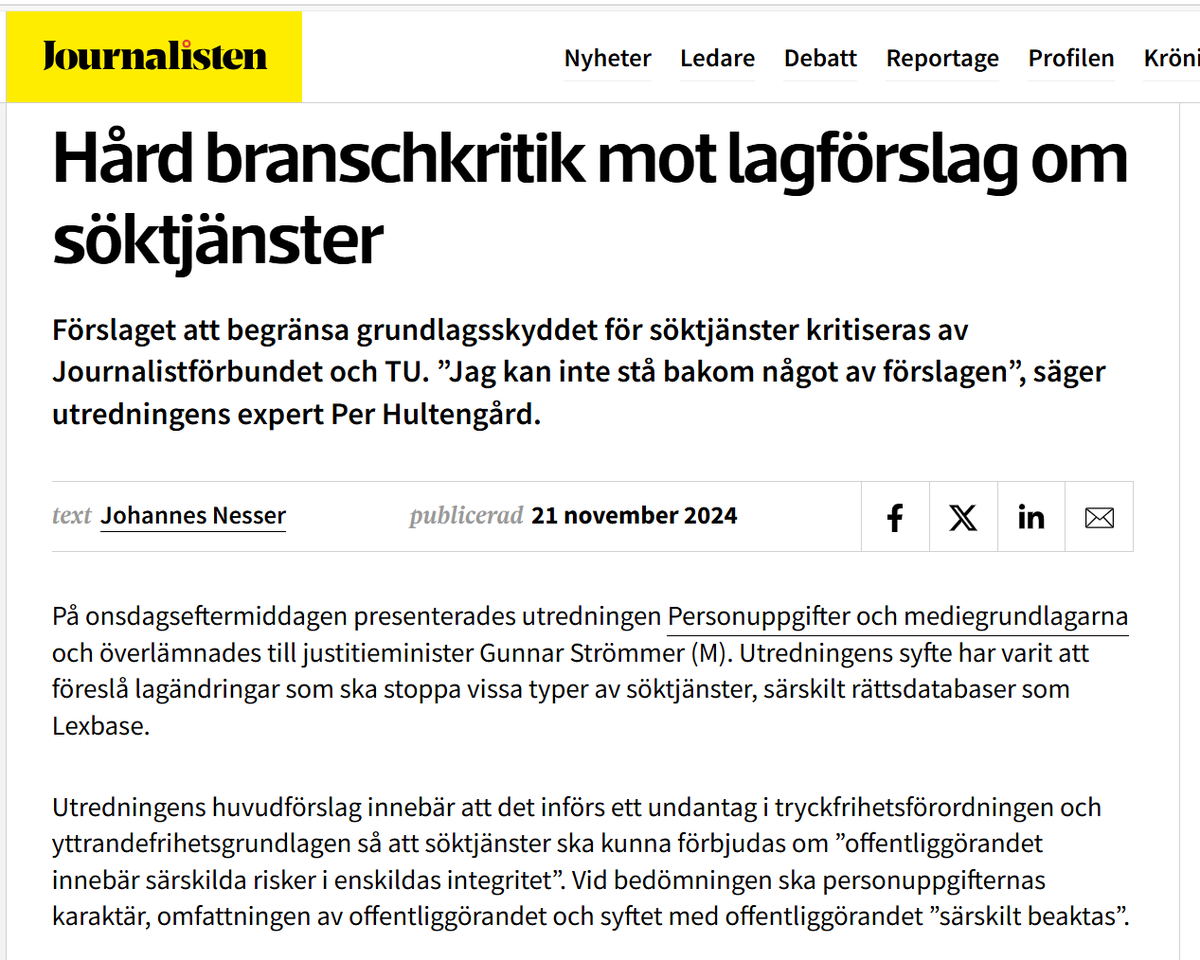 gunnaraxen's tweet image. Om regeringen går vidare med det utredningsförslag som presenterades igår så kommer vår yttrandefrihetsgrundlag att urholkas kraftigt. Läs vad @tidningsutgiv och @journalistforb säger om förslaget!

journalisten.se/nyheter/hard-b…