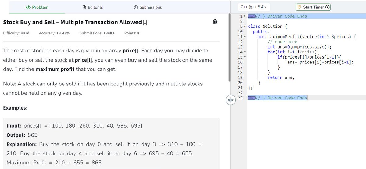 devoted_techie's tweet image. 🚀 Day 6/80 of #geekstreak2024! 🎯
💡 Problem: Stock Buy and Sell – Multiple Transactions Allowed
✅ Time: O(n)
✅ Space: O(1)
Streak continues! 💪
Tagging:
@GeeksforGeeks
#GFG160 #CodingChallenge