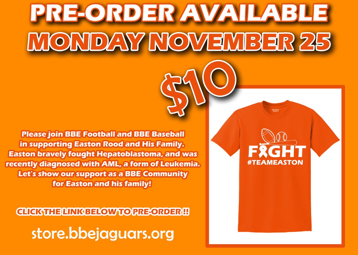 ⚾️TIME TO STRIKEOUT CANCER⚾️ 
We are partnering with <a href="/BBEfootball/">BBE Football</a> to raise funds for Easton Rood and his family by selling T-Shirts! Easton is battling Leukemia with so much strength and we want him to know we are all fighting with him. #MVP #TeamEaston
