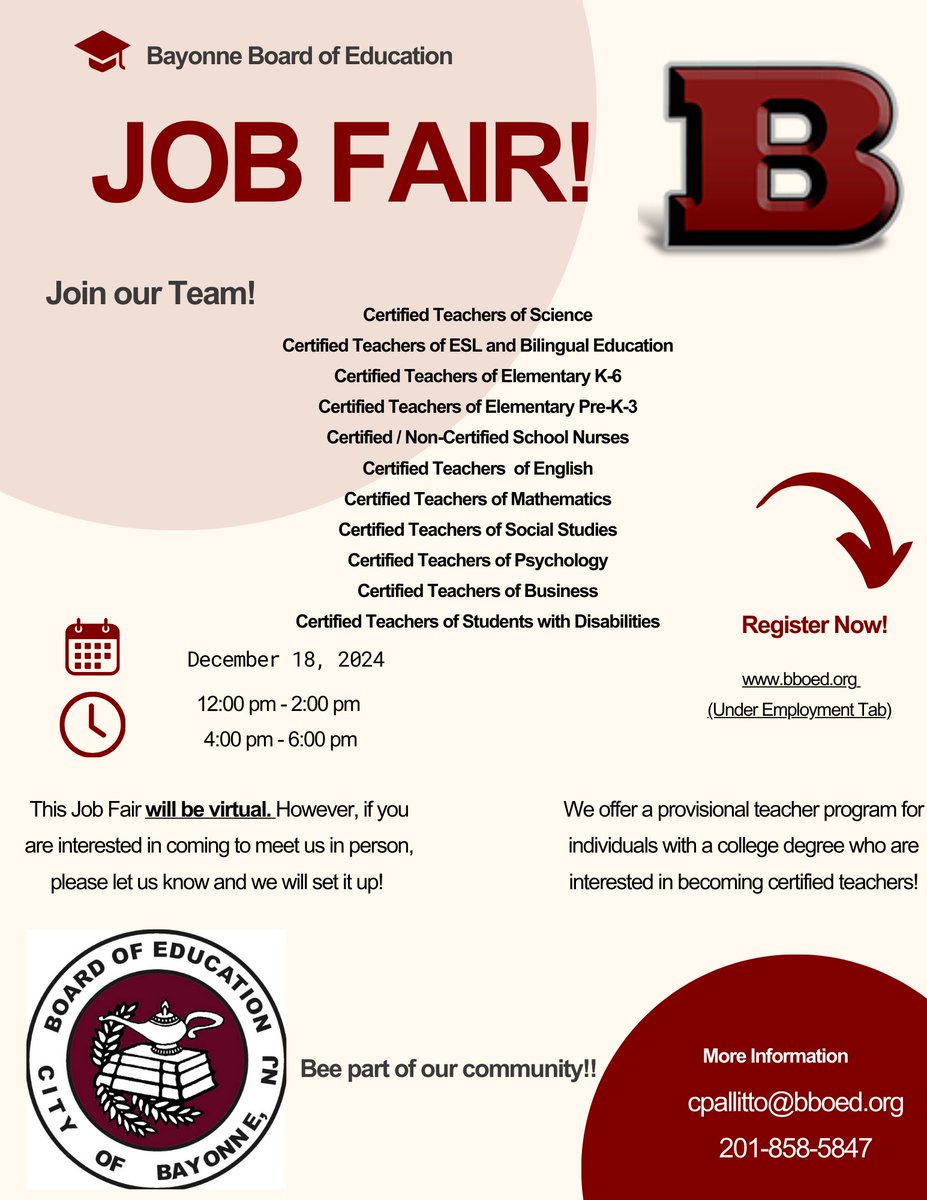 Educator Job Fair! 🍎

Looking for a new teaching opportunity? Join us at our upcoming job fair for certified educators to connect with the Bayonne School District!

When: December 18th
Time: 12PM-2PM &amp; 4PM-6PM
Where: VIRTUAL!

Register now: bit.ly/jobfair1224