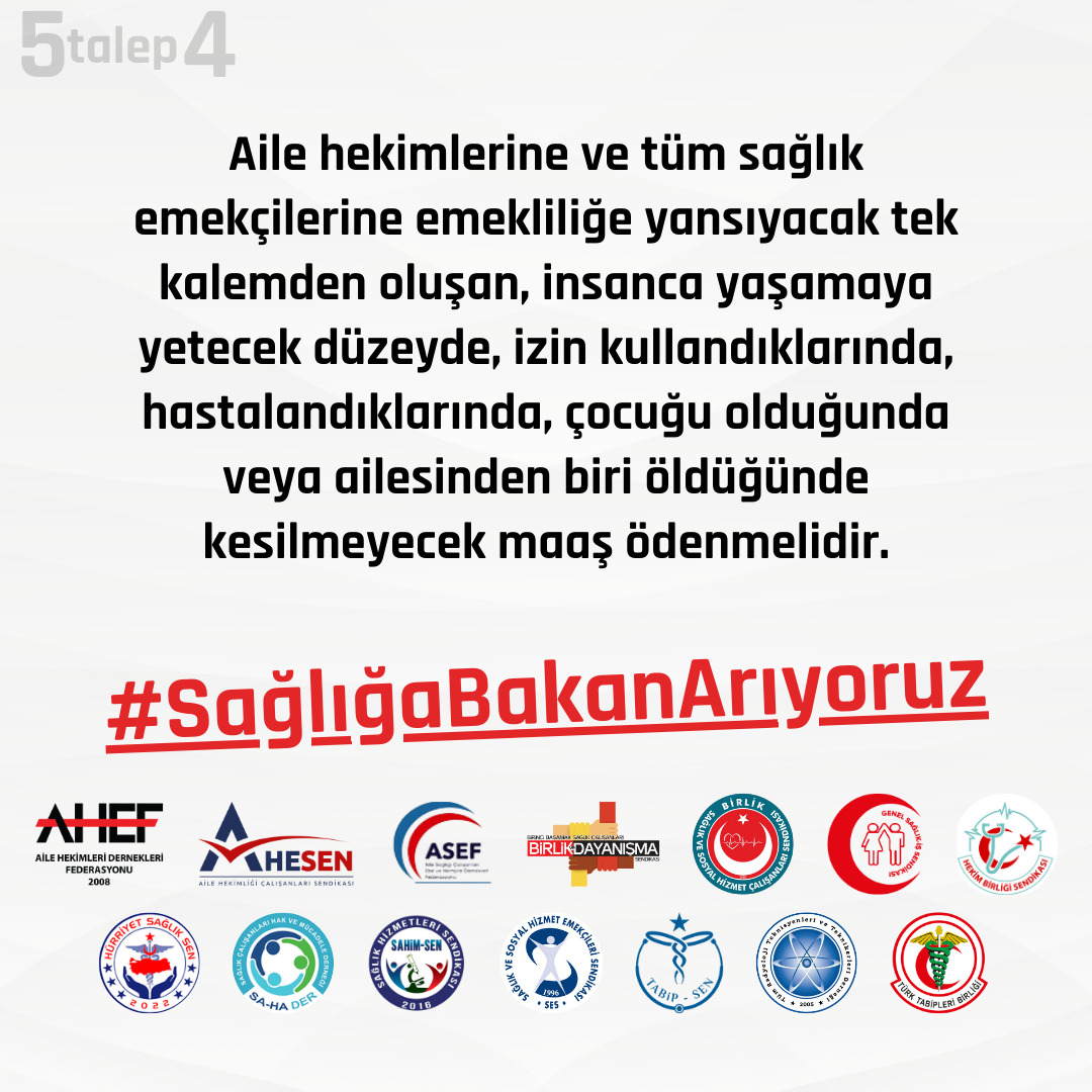 Aile Hekimi ve Aile Sağlığı çalışanları (EBE,HEMŞİRE) olarak, Mesleki itibarımız ve onurumuz için #SağlığaBakanArıyoruz
Meslek onurumuz ve halkın sağlığı için 2-6 Aralık 2024 tarihlerinde aile sağlığı merkezlerinde iş bırakıyoruz!
