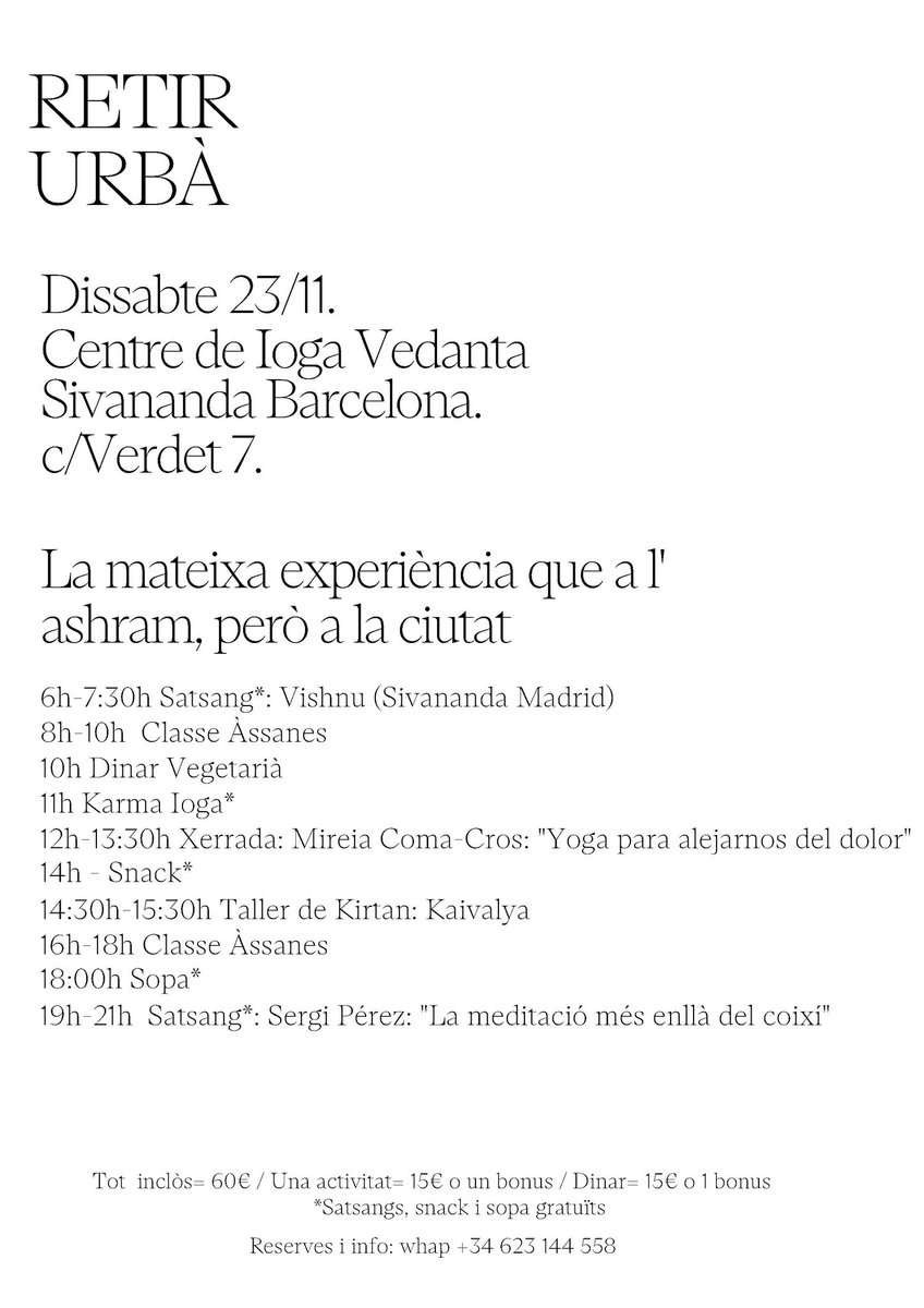 Bona tarda,

Us informo que aquest dissabte, al Centre de Ioga Vedanta Sivananda de Barcelona imparteixo una conferència que porta per títol: LA MEDITACIÓ MÉS ENLLÀ DEL COIXÍ
L'activitat té un preu de 15 eur.
Hi esteu tots/es convidats/es,